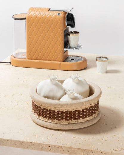 Pigment France Courbet Leather & Rattan Bowl | Travertine marble bowl with removable leather insert and handwoven leather–rattan detailing, available in four sizes | Décor / Bowls | 2Jour Concierge, your luxury lifestyle shop | luxury interiors, hospitality décor, refined lifestyle, elegant living, designer home accessories, boutique hotels, yacht décor, office décor