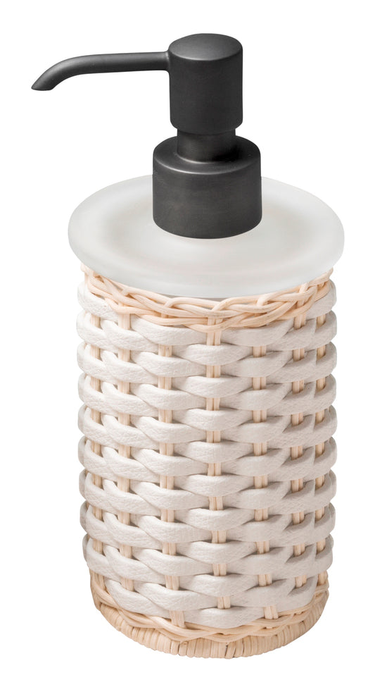Calais Leather & Rattan Soap Dispenser by Pigment France | Dressed with meticulously woven rattan and leather. Metal finishes available: polished chrome, brushed brass, and brushed bronze. | Bathroom Accessories and Decor | 2Jour Concierge, your luxury lifestyle shop