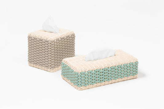 Pigment France Antibes Square Leather & Rattan Tissue Holder | Tissue Holder: fine woven leather and rattan structure in a chic square form for refined tissue presentation anywhere in the home | Home Decor / Bathroom Accessories | 2Jour Concierge, your luxury lifestyle shop