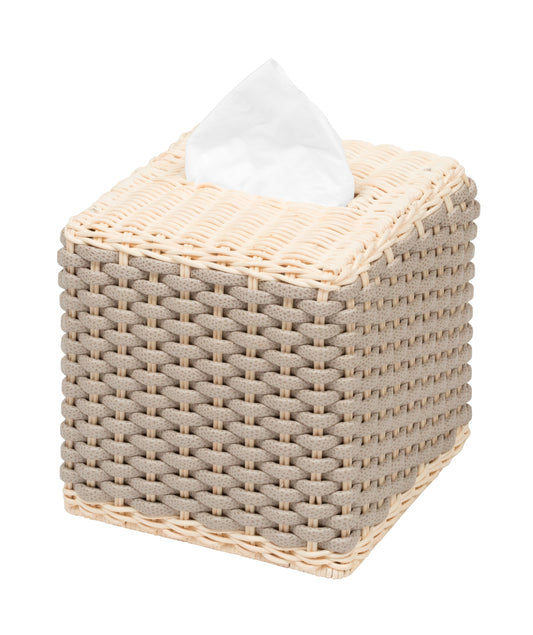 Pigment France Antibes Square Leather & Rattan Tissue Holder | Tissue Holder: fine woven leather and rattan structure in a chic square form for refined tissue presentation anywhere in the home | Home Decor / Bathroom Accessories | 2Jour Concierge, your luxury lifestyle shop
