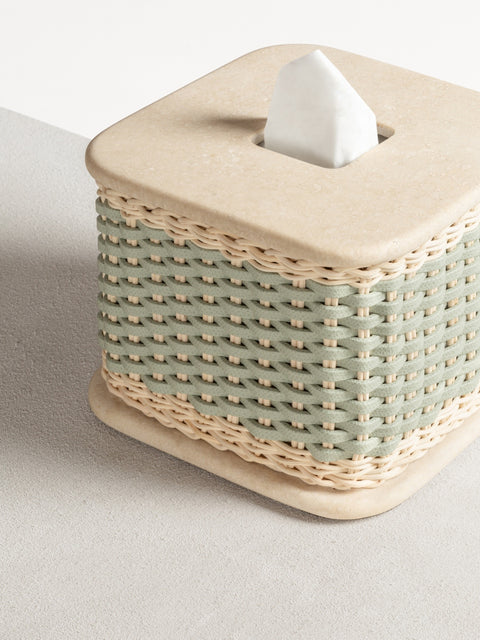Pigment France Courbet Leather & Rattan Travertine Marble Square Tissue Holder | Luxurious Bath Accessories | Crafted with High-Quality Materials | Explore a Range of Luxury Home Goods at 2Jour Concierge, #1 luxury high-end gift & lifestyle shop