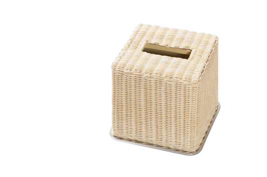 Pigment France Amiens Tissue Holder | Wood Structure | Finely Woven Rattan Cover | Metal Frame in Various Finishes