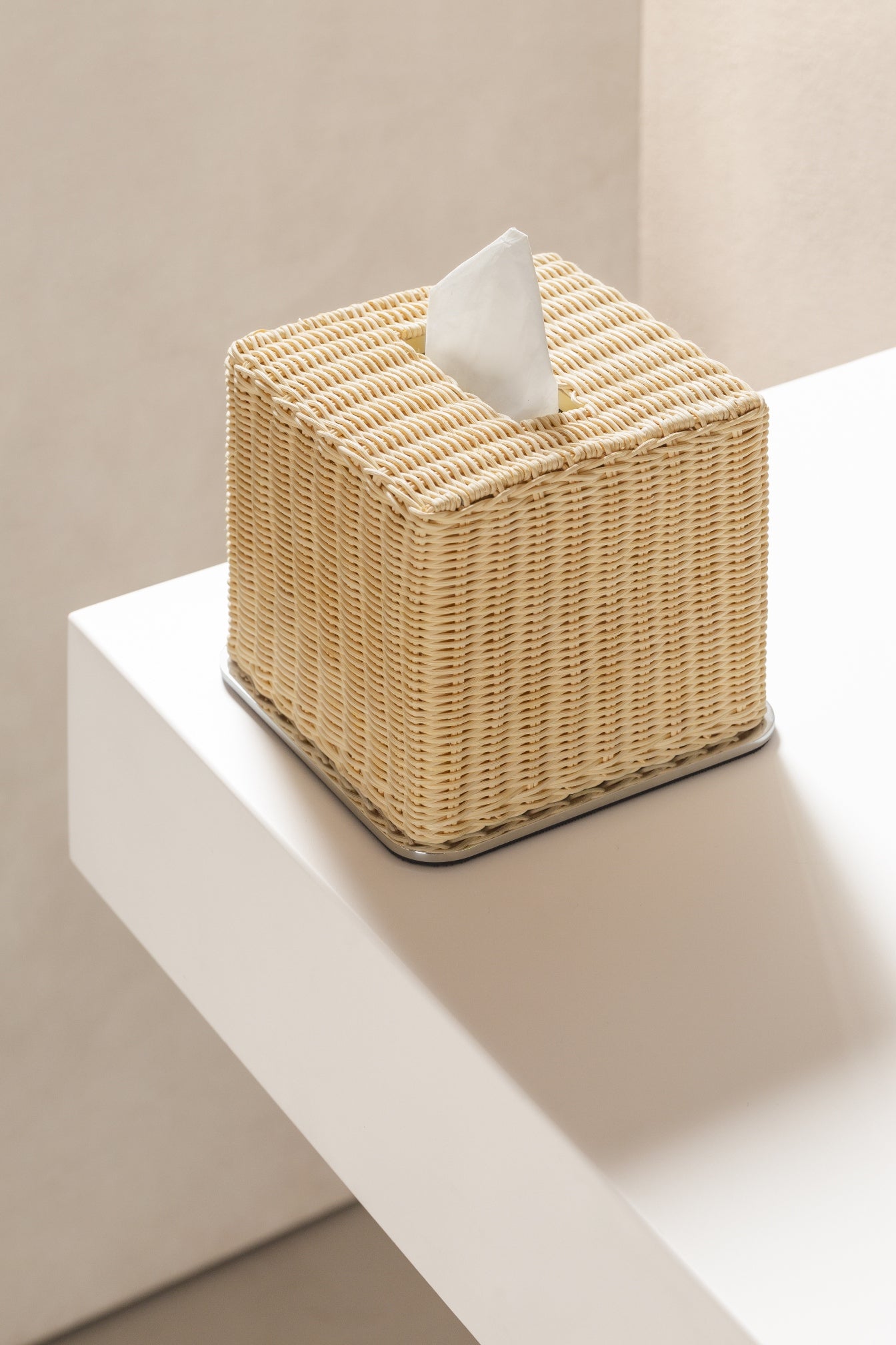 Pigment France Amiens Tissue Holder | Wood Structure | Finely Woven Rattan Cover | Metal Frame in Various Finishes