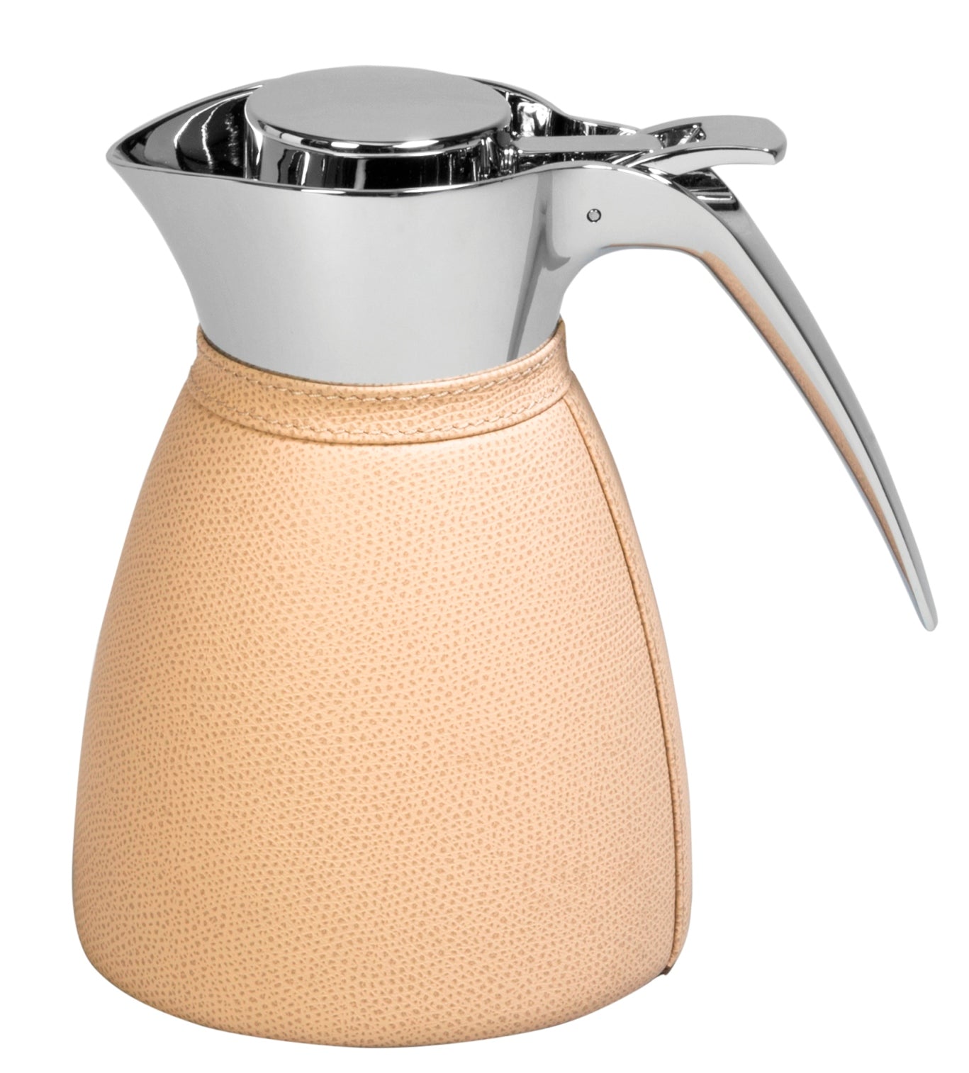 Vincennes Carafe by Pigment France | Partially leather-covered insulated stainless steel carafe with chrome-plated finish. Two-chamber structure maintains liquid temperatures. Precise pouring with specially developed hinged lid for one-hand operation. | Tableware and Drinkware | 2Jour Concierge, your luxury lifestyle shop