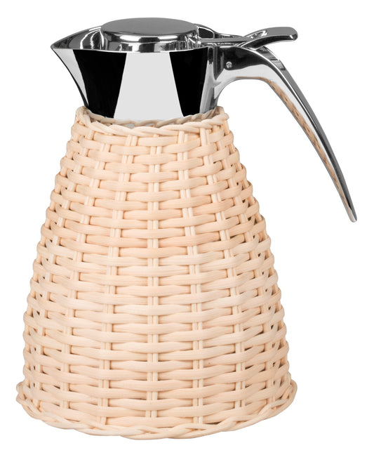 Vincennes Carafe by Pigment France | Partially rattan-covered insulated stainless steel carafe with chrome-plated finish. Two-chamber structure maintains liquid temperatures. Precise pouring with specially developed hinged lid for one-hand operation. | Tableware and Drinkware | 2Jour Concierge, your luxury lifestyle shop