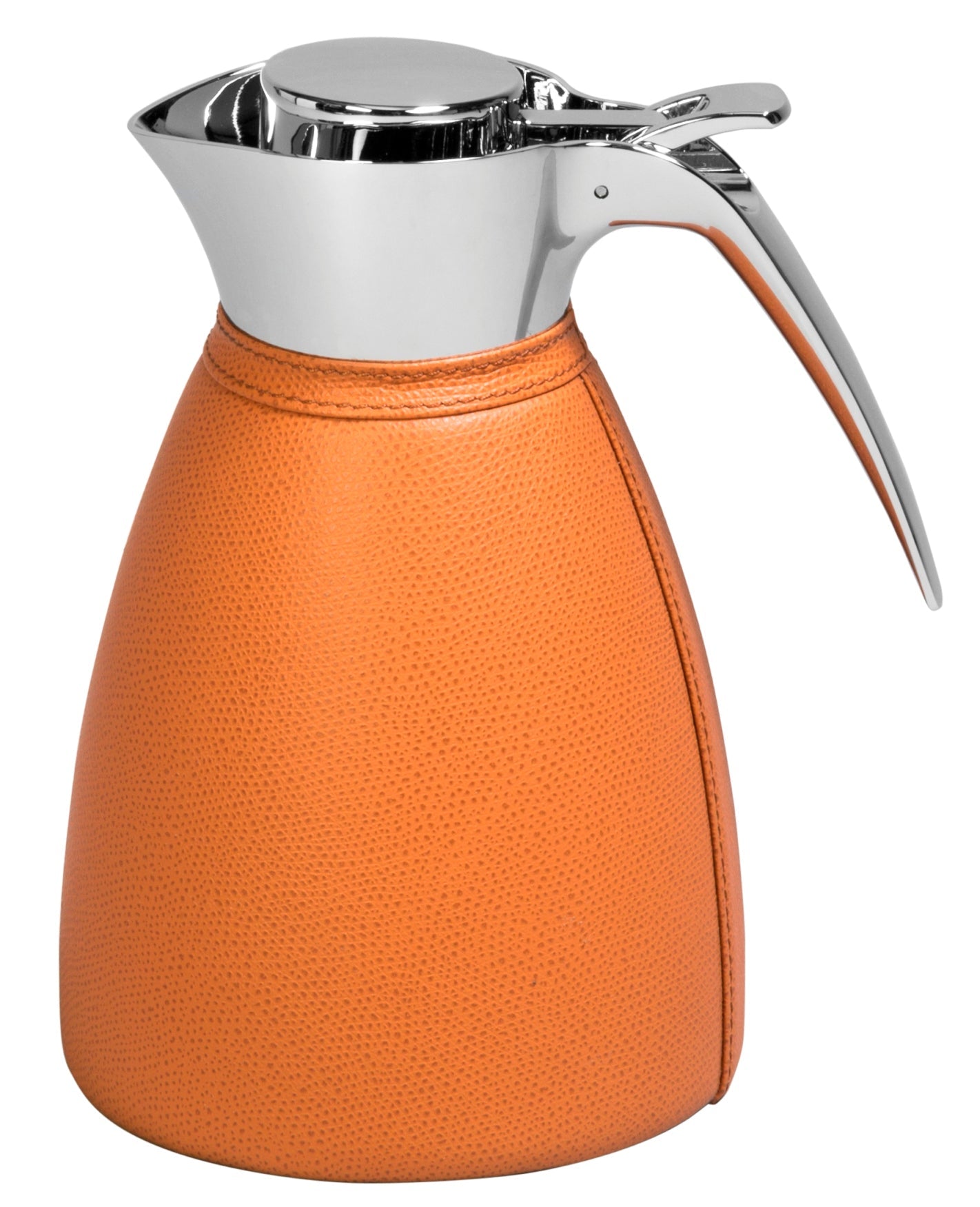 Vincennes Carafe by Pigment France | Partially leather-covered insulated stainless steel carafe with chrome-plated finish. Two-chamber structure maintains liquid temperatures. Precise pouring with specially developed hinged lid for one-hand operation. | Tableware and Drinkware | 2Jour Concierge, your luxury lifestyle shop