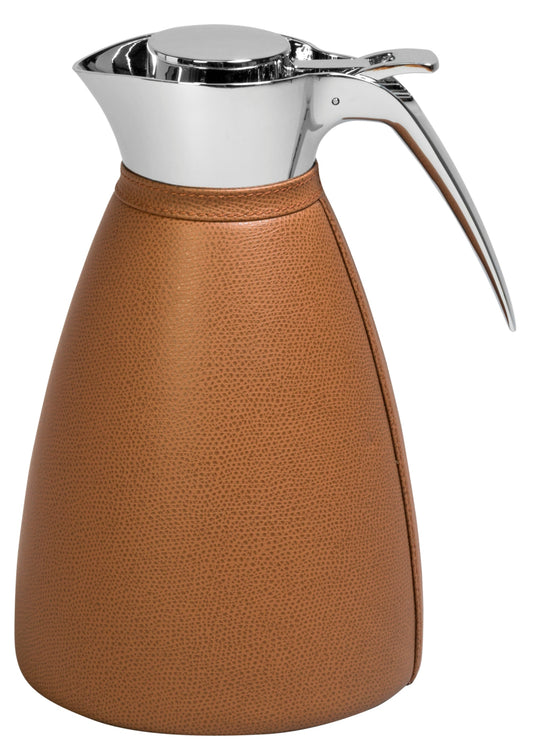 Vincennes Carafe by Pigment France | Partially leather-covered insulated stainless steel carafe with chrome-plated finish. Two-chamber structure maintains liquid temperatures. Precise pouring with specially developed hinged lid for one-hand operation. | Tableware and Drinkware | 2Jour Concierge, your luxury lifestyle shop