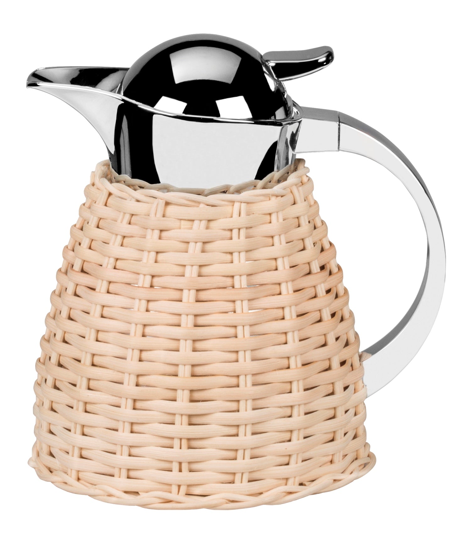 Chantilly Carafe by Pigment France | Partially rattan-covered insulated stainless steel carafe with chrome-plated finish. Two-chamber stainless steel structure maintains liquid’s warm temperatures for up to 12 hours and cold temperatures for up to 24 hours. Precise pouring with specially developed lid for one-hand operation. | Tableware and Drinkware | 2Jour Concierge, your luxury lifestyle shop