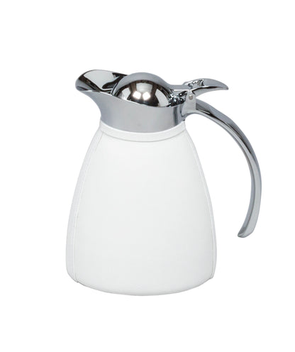 Monceau Carafe by Pigment France | Partially leather-covered insulated stainless steel carafe with chrome-plated finish. Two-chamber structure maintains liquid temperatures. Precise pouring with specially developed hinged lid for one-hand operation. | Tableware and Drinkware | 2Jour Concierge, your luxury lifestyle shop