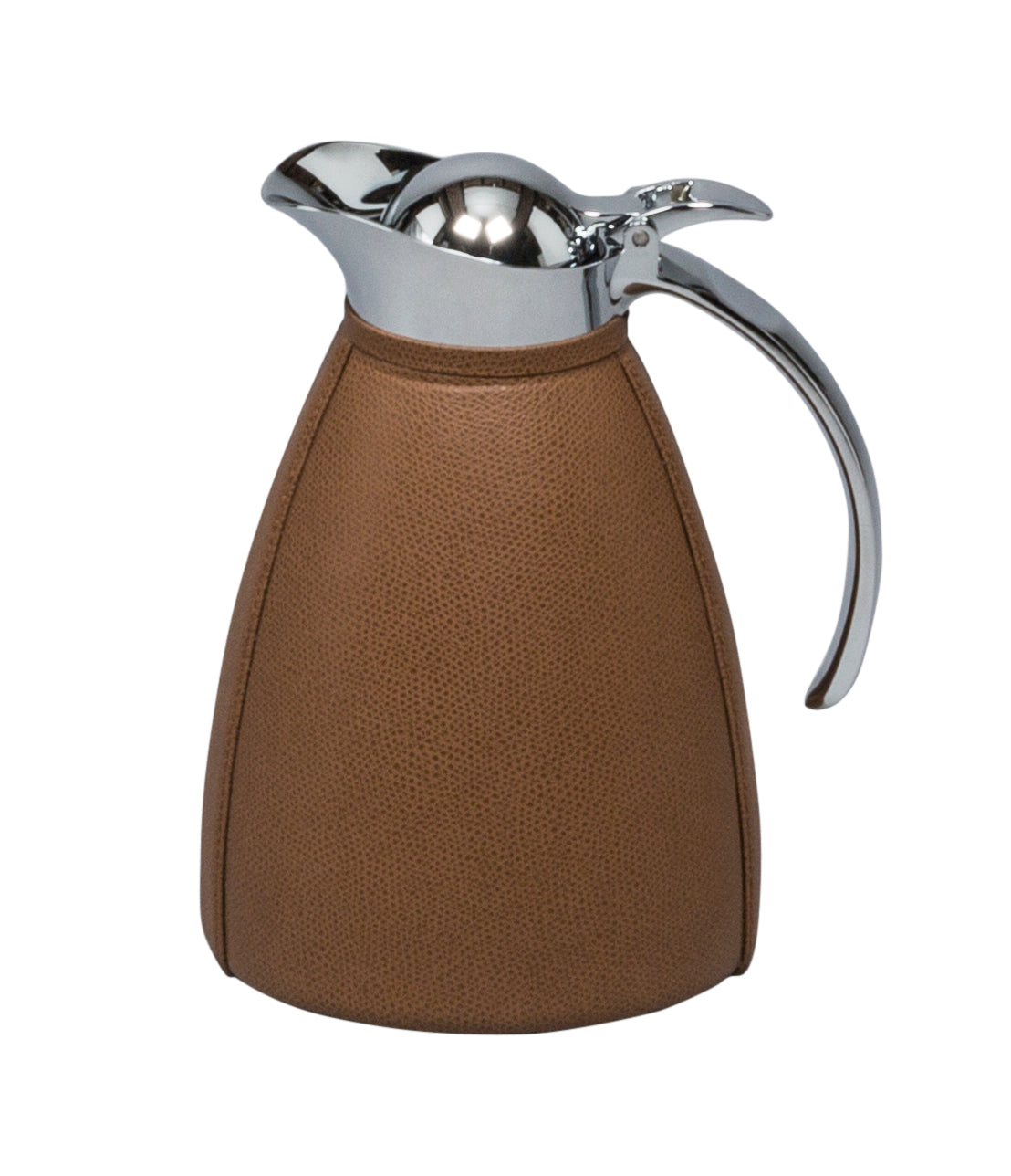 Monceau Carafe by Pigment France | Partially leather-covered insulated stainless steel carafe with chrome-plated finish. Two-chamber structure maintains liquid temperatures. Precise pouring with specially developed hinged lid for one-hand operation. | Tableware and Drinkware | 2Jour Concierge, your luxury lifestyle shop