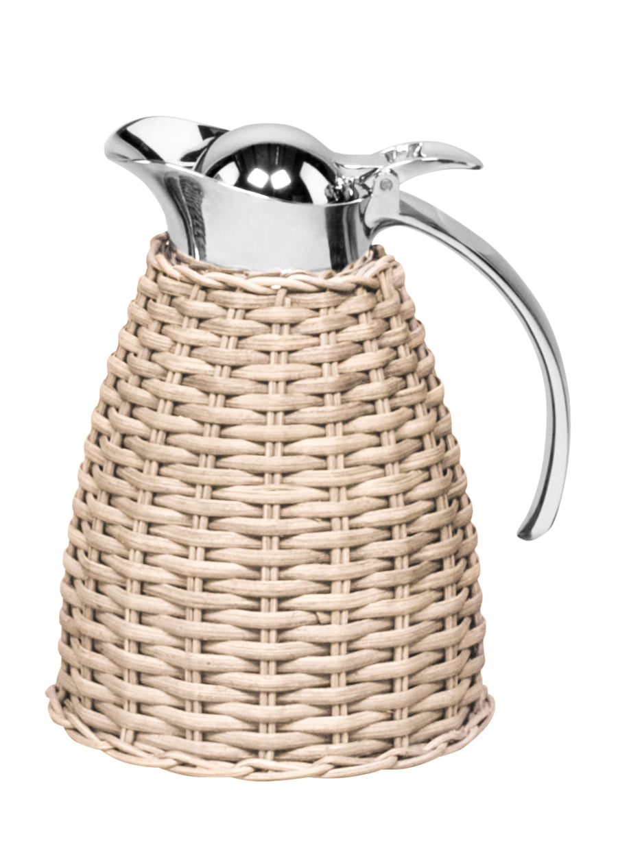 Monceau Carafe by Pigment France | Partially rattan-covered insulated stainless steel carafe with chrome-plated finish. Two-chamber structure maintains liquid temperatures. Precise pouring with specially developed hinged lid for one-hand operation. | Tableware and Drinkware | 2Jour Concierge, your luxury lifestyle shop