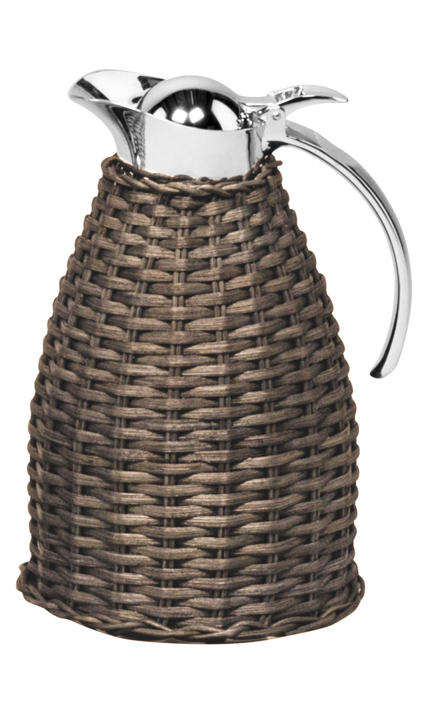 Monceau Carafe by Pigment France | Partially rattan-covered insulated stainless steel carafe with chrome-plated finish. Two-chamber structure maintains liquid temperatures. Precise pouring with specially developed hinged lid for one-hand operation. | Tableware and Drinkware | 2Jour Concierge, your luxury lifestyle shop