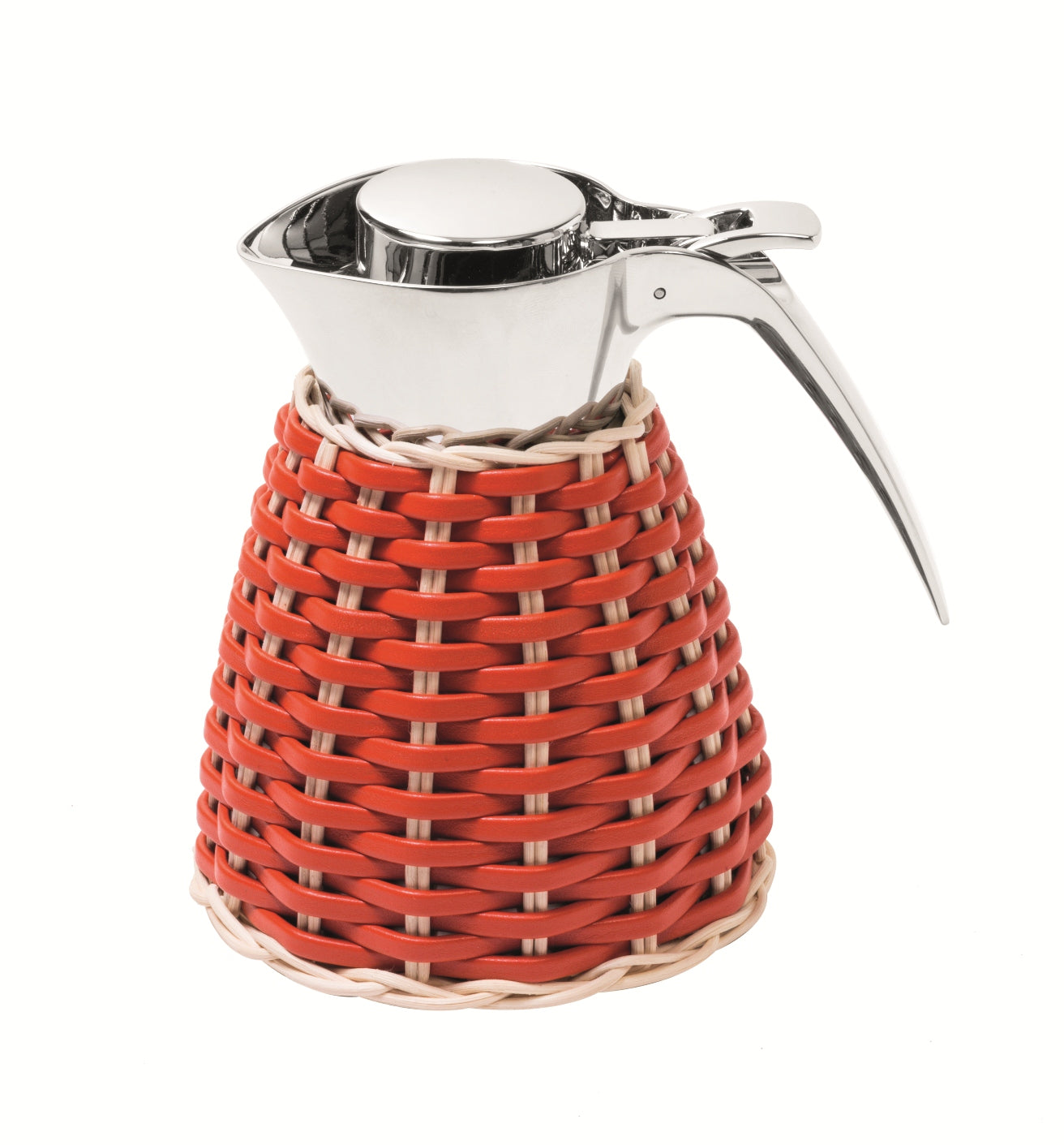 Vincennes Leather & Rattan Carafe by Pigment France | Insulated stainless steel carafe partially covered in woven leather and rattan with chrome-plated finish. Two-chamber structure maintains liquid temperatures. Precise pouring with specially developed hinged lid for one-hand operation. | Tableware and Drinkware | 2Jour Concierge, your luxury lifestyle shop
