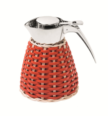 Vincennes Leather & Rattan Carafe by Pigment France | Insulated stainless steel carafe partially covered in woven leather and rattan with chrome-plated finish. Two-chamber structure maintains liquid temperatures. Precise pouring with specially developed hinged lid for one-hand operation. | Tableware and Drinkware | 2Jour Concierge, your luxury lifestyle shop
