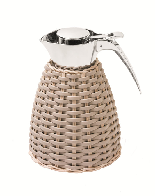 Vincennes Leather & Rattan Carafe by Pigment France | Insulated stainless steel carafe partially covered in woven leather and rattan with chrome-plated finish. Two-chamber structure maintains liquid temperatures. Precise pouring with specially developed hinged lid for one-hand operation. | Tableware and Drinkware | 2Jour Concierge, your luxury lifestyle shop