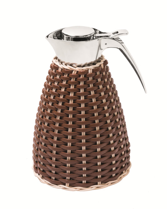 Vincennes Leather & Rattan Carafe by Pigment France | Insulated stainless steel carafe partially covered in woven leather and rattan with chrome-plated finish. Two-chamber structure maintains liquid temperatures. Precise pouring with specially developed hinged lid for one-hand operation. | Tableware and Drinkware | 2Jour Concierge, your luxury lifestyle shop