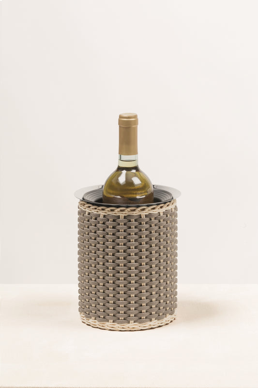 Guimet Leather & Rattan Bottle Cooler by Pigment France | Insulated stainless steel structure covered in woven leather and rattan | Non-slip waterproof rubber base | Removable stainless steel inner container for easy cleaning | Includes 4 reusable ice packs | Home Decor and Serveware | 2Jour Concierge, your luxury lifestyle shop