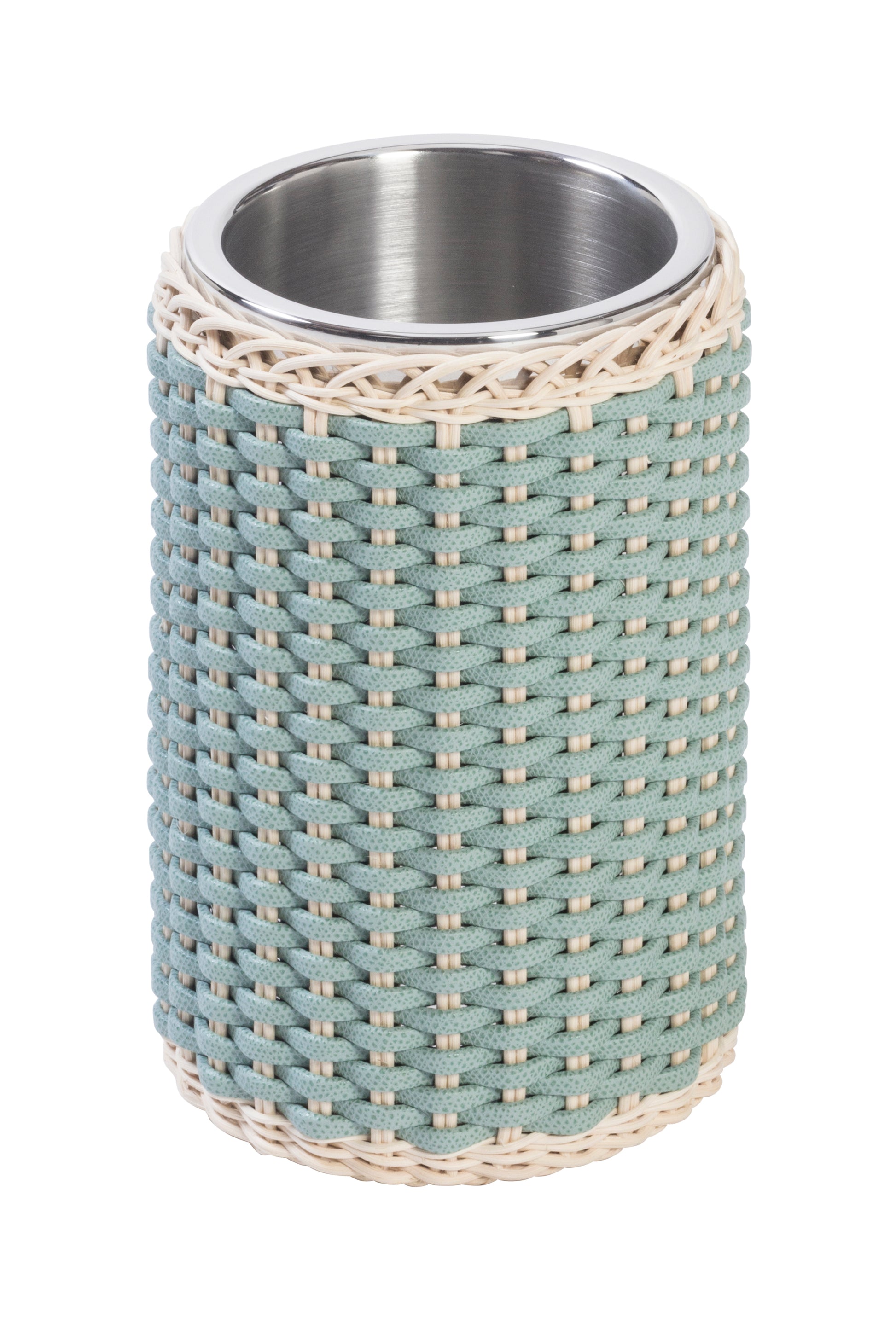 Menton Leather & Rattan Bottle Cooler by Pigment France | Two-chamber insulated stainless steel structure covered in rattan and leather | Keeps bottles cool for several hours | Home Decor and Serveware | 2Jour Concierge, your luxury lifestyle shop