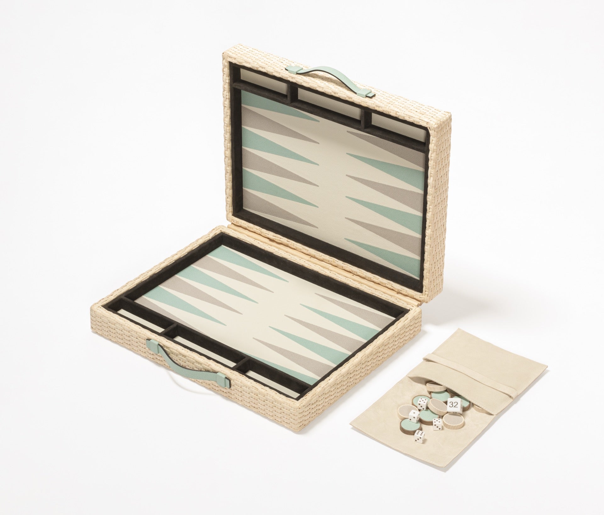Pigment France Monte-Carlo Backgammon Case | Luxury backgammon set in woven rattan with leather details and inlaid playing surface | Games / Backgammon Sets | 2Jour Concierge, your luxury lifestyle shop | luxury interiors, hospitality décor, refined lifestyle, designer home accessories, boutique hotels, yacht décor, executive interiors, elegant living