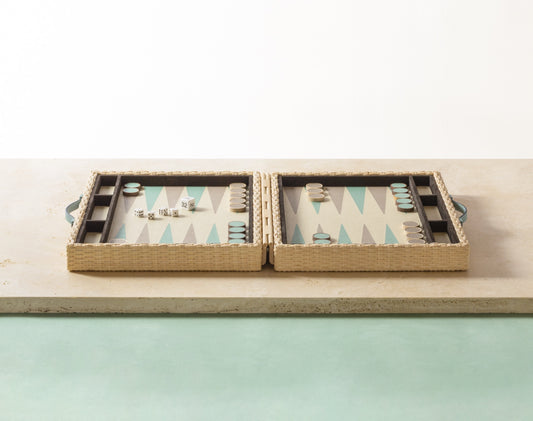 Pigment France Monte-Carlo Backgammon Case | Luxury backgammon set in woven rattan with leather details and inlaid playing surface | Games / Backgammon Sets | 2Jour Concierge, your luxury lifestyle shop | luxury interiors, hospitality décor, refined lifestyle, designer home accessories, boutique hotels, yacht décor, executive interiors, elegant living