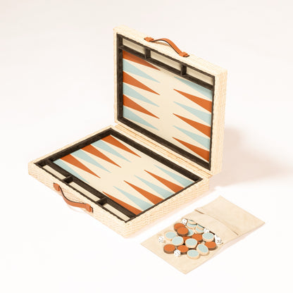 Pigment France Monte-Carlo Backgammon Case | Luxury backgammon set in woven rattan with leather details and inlaid playing surface | Games / Backgammon Sets | 2Jour Concierge, your luxury lifestyle shop | luxury interiors, hospitality décor, refined lifestyle, designer home accessories, boutique hotels, yacht décor, executive interiors, elegant living