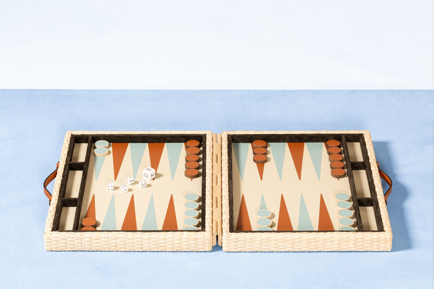 Pigment France Monte-Carlo Backgammon Case | Luxury backgammon set in woven rattan with leather details and inlaid playing surface | Games / Backgammon Sets | 2Jour Concierge, your luxury lifestyle shop | luxury interiors, hospitality décor, refined lifestyle, designer home accessories, boutique hotels, yacht décor, executive interiors, elegant living