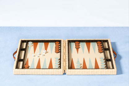 Pigment France Monte-Carlo Backgammon Case | Luxury backgammon set in woven rattan with leather details and inlaid playing surface | Games / Backgammon Sets | 2Jour Concierge, your luxury lifestyle shop | luxury interiors, hospitality décor, refined lifestyle, designer home accessories, boutique hotels, yacht décor, executive interiors, elegant living