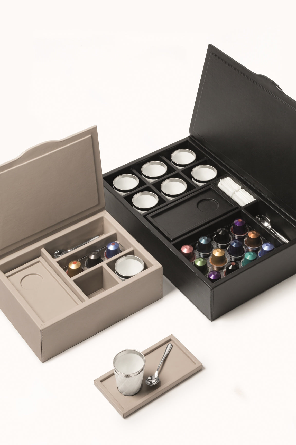 Saint-Germain Large Coffee Organizer for Nespresso Commercial Capsules by Pigment France | Leather-covered wood structure with hinged lid | Inner partitions for coffee scoops, sugar, 30 Nespresso commercial capsules | Includes 6 double-wall borosilicate glass cups and 6 nesting rectangular saucers | Home and Kitchen Accessories | 2Jour Concierge, your luxury lifestyle shop