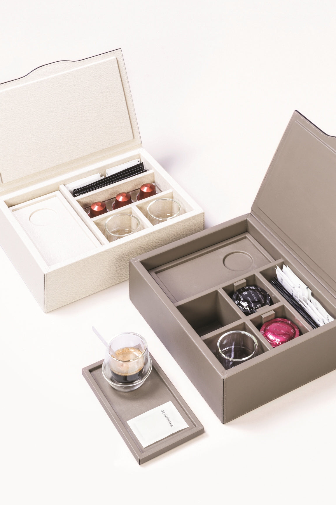 Saint-Germain Small Coffee Organizer for Nespresso Classic Capsules by Pigment France | Leather-covered wood structure with hinged lid | Inner partitions for coffee scoops, sugar, 6 Nespresso classic capsules | Includes 2 double-wall borosilicate glass cups and 2 nesting rectangular saucers | Home and Kitchen Accessories | 2Jour Concierge, your luxury lifestyle shop