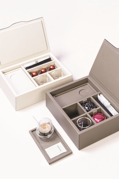 Saint-Germain Small Coffee Organizer for Nespresso Commercial Capsules by Pigment France | Leather-covered wood structure with hinged lid | Inner partitions for coffee scoops, sugar, 10 Nespresso commercial capsules | Includes 2 double-wall borosilicate glass cups and 2 nesting rectangular saucers | Home and Kitchen Accessories | 2Jour Concierge, your luxury lifestyle shop