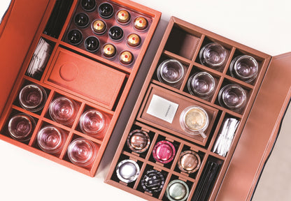 Saint-Germain Large Coffee Organizer for Nespresso Capsules by Pigment France | Leather-covered wood structure with hinged lid | Inner partitions for coffee scoops, sugar, 24 Nespresso classic capsules | Includes 6 double-wall borosilicate glass cups and 6 nesting rectangular saucers | Home and Kitchen Accessories | 2Jour Concierge, your luxury lifestyle shop