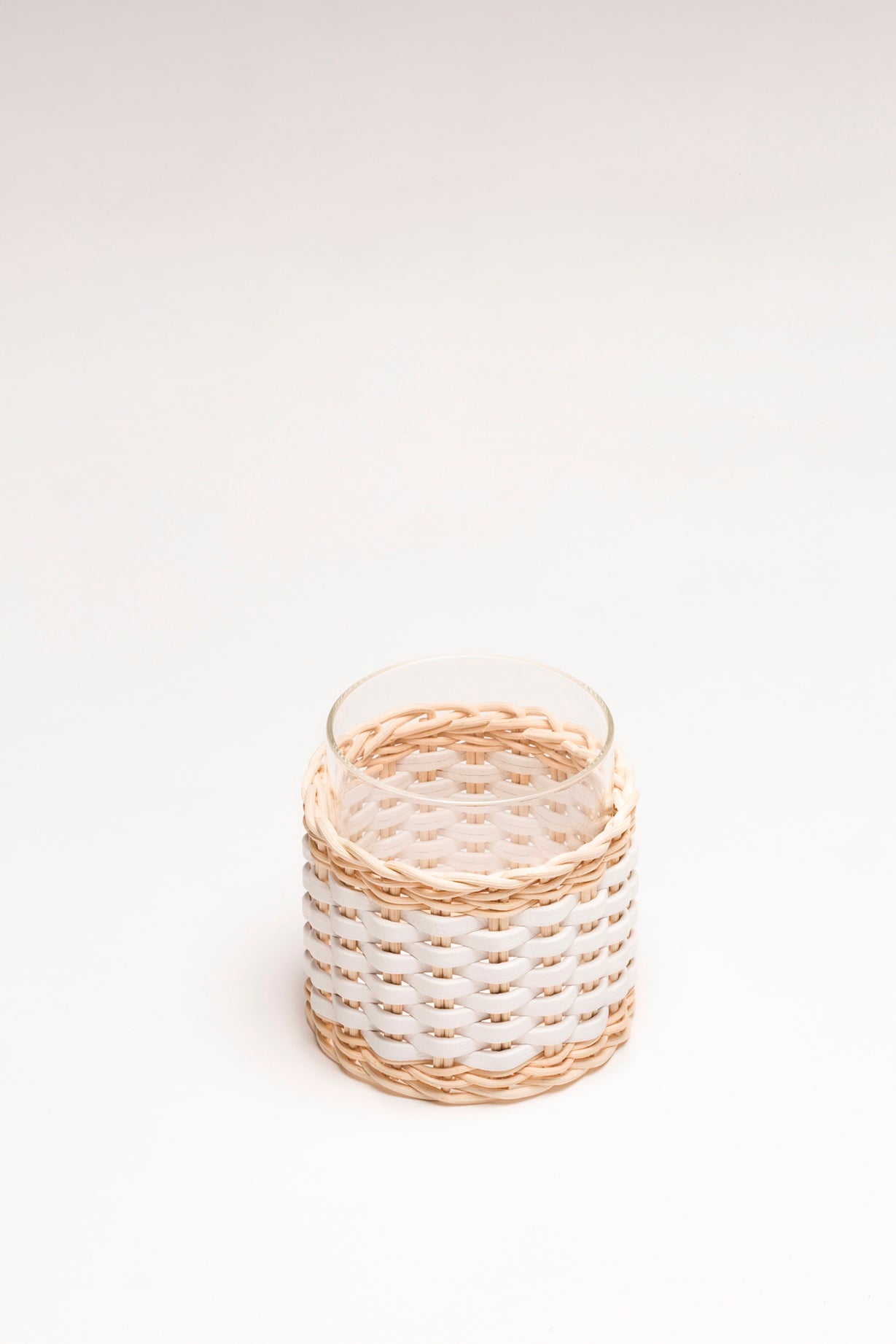 Wideville Leather & Rattan Candle Holder by Pigment France | Transparent borosilicate glass partially dressed in woven leather and rattan | Home Decor and Lighting | 2Jour Concierge, your luxury lifestyle shop