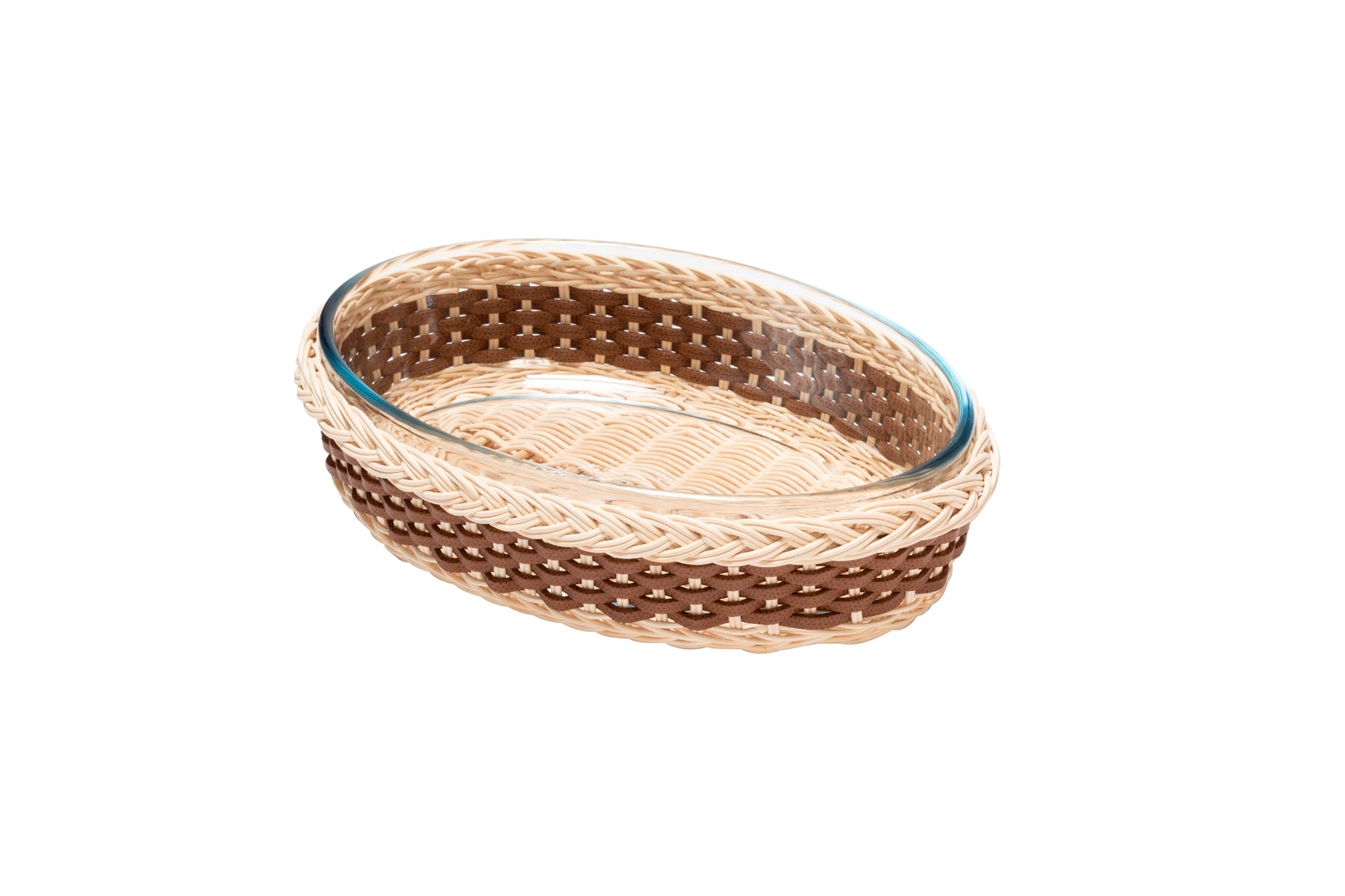Pigment France Lorraine Leather & Rattan Oval Baking Tray | Glass baking tray partially dressed in woven leather and rattan | Ideal for use in traditional and microwave ovens | Resistant to low temperatures, freezer safe, and dishwasher safe | Perfect for cooking and serving with style | Home Decor and Serveware | 2Jour Concierge, your luxury lifestyle shop