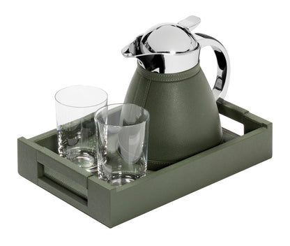 Pigment France Beaubourg Nesting Tray Set | Includes a small Beaubourg tray with dedicated spaces for perfect stability, hosting two fine crystal glasses and one carafe | Compatible with the following carafes: Chantilly 0.6L, Monceau 0.6L, Vincennes 0.6L | Carafes: Partially leather-covered insulated stainless steel with chrome-plated finish | Beaubourg Tray: Leather-covered wood structure | Elegant and functional design | Home Decor and Serveware | 2Jour Concierge, your luxury lifestyle shop