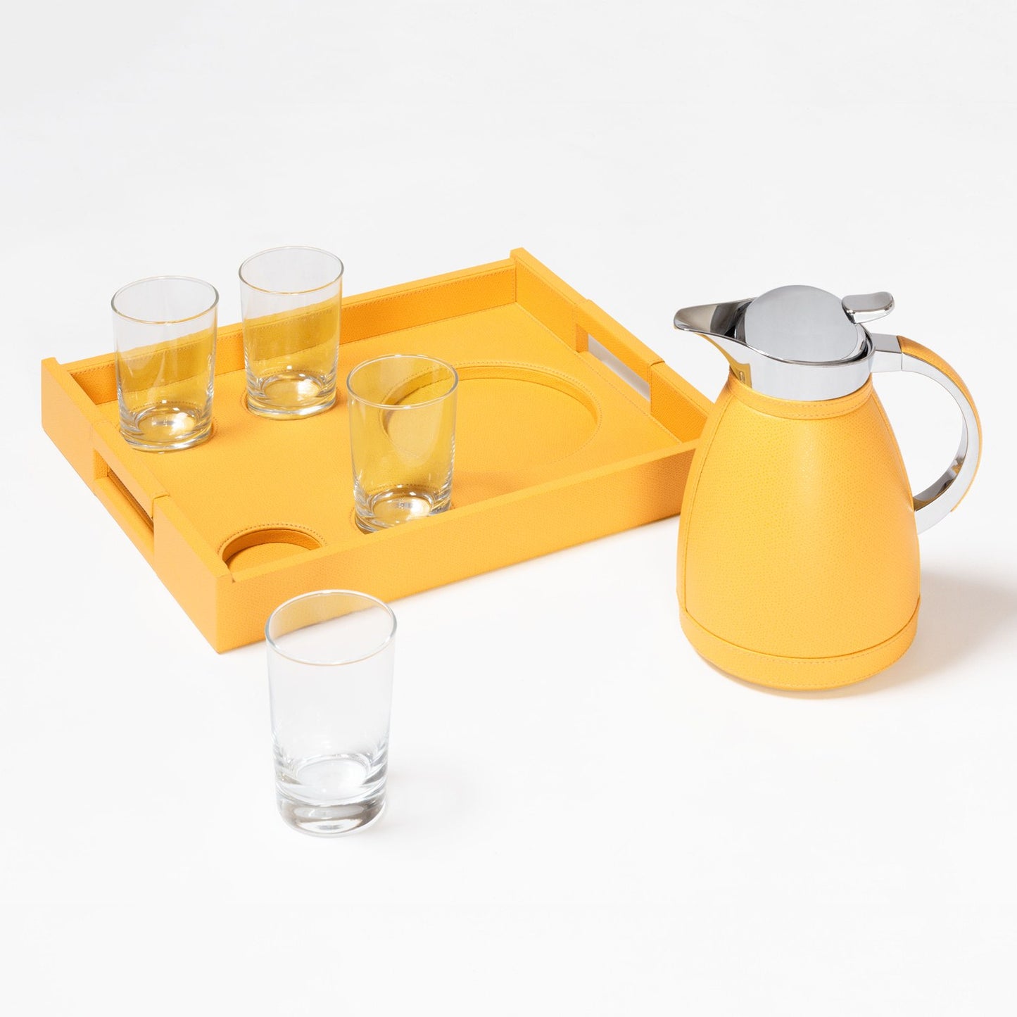 Pigment France Beaubourg Nesting Tray Set | Includes a large Beaubourg tray with spaces to securely host four fine crystal glasses and one carafe | Compatible with the following 1.0L carafes: Chantilly, Villandry, Monceau, Vincennes | Carafes: Partially leather-covered insulated stainless steel with chrome-plated finish | Beaubourg Tray: Leather-covered wood structure | Elegant and stable design | Home Decor and Serveware | 2Jour Concierge, your luxury lifestyle shop