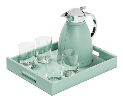 Pigment France Beaubourg Nesting Tray Set | Includes a large Beaubourg tray with spaces to securely host four fine crystal glasses and one carafe | Compatible with the following 1.0L carafes: Chantilly, Villandry, Monceau, Vincennes | Carafes: Partially leather-covered insulated stainless steel with chrome-plated finish | Beaubourg Tray: Leather-covered wood structure | Elegant and stable design | Home Decor and Serveware | 2Jour Concierge, your luxury lifestyle shop