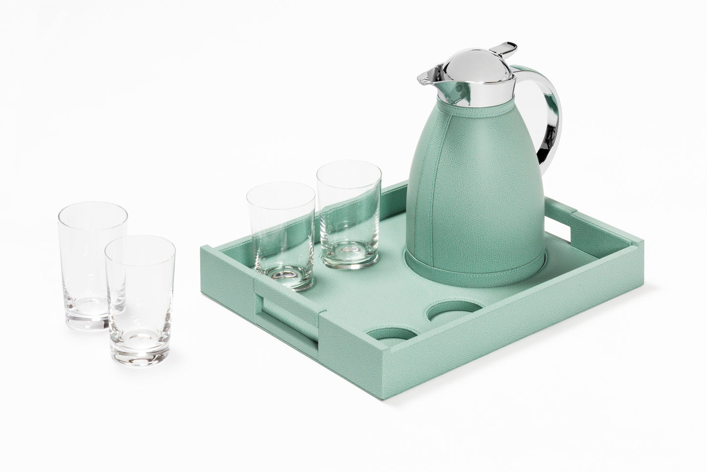 Pigment France Beaubourg Nesting Tray Set | Includes a large Beaubourg tray with spaces to securely host four fine crystal glasses and one carafe | Compatible with the following 1.0L carafes: Chantilly, Villandry, Monceau, Vincennes | Carafes: Partially leather-covered insulated stainless steel with chrome-plated finish | Beaubourg Tray: Leather-covered wood structure | Elegant and stable design | Home Decor and Serveware | 2Jour Concierge, your luxury lifestyle shop