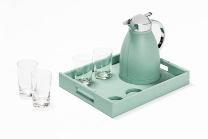 Pigment France Beaubourg Nesting Tray Set | Includes a large Beaubourg tray with spaces to securely host four fine crystal glasses and one carafe | Compatible with the following 1.0L carafes: Chantilly, Villandry, Monceau, Vincennes | Carafes: Partially leather-covered insulated stainless steel with chrome-plated finish | Beaubourg Tray: Leather-covered wood structure | Elegant and stable design | Home Decor and Serveware | 2Jour Concierge, your luxury lifestyle shop