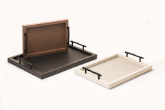 Chaumont Textured Leather-Covered Wood Tray, Rectangular with Bronze Handles