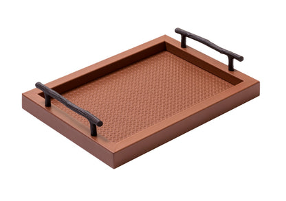 Chaumont Tray by Pigment France | Leather covered wood tray with solid handles in oxidized bronze shaped as a branch. The surface features a Vienna quilt pattern. | Home Decor and Serveware | 2Jour Concierge, your luxury lifestyle shop