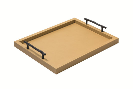 Chaumont Tray by Pigment France | Leather covered wood tray with solid handles in oxidized bronze shaped as a branch. The surface features a Vienna quilt pattern. | Home Decor and Serveware | 2Jour Concierge, your luxury lifestyle shop