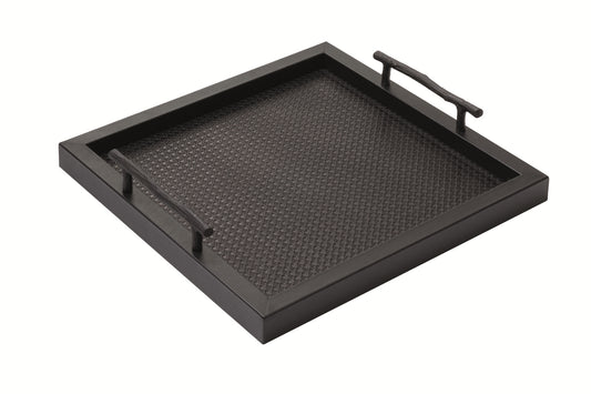 Chaumont Tray by Pigment France | Leather covered wood tray with solid handles in oxidized bronze shaped as a branch. The surface features a Vienna quilt pattern. | Home Decor and Serveware | 2Jour Concierge, your luxury lifestyle shop