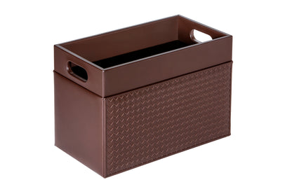 Emy Handwoven Magazine Holder by Riviere | Leather magazine holder with handwoven leather on two sides and lining in varnished wood. It features a central divider. | Home Decor and Organization | 2Jour Concierge, your luxury lifestyle shop