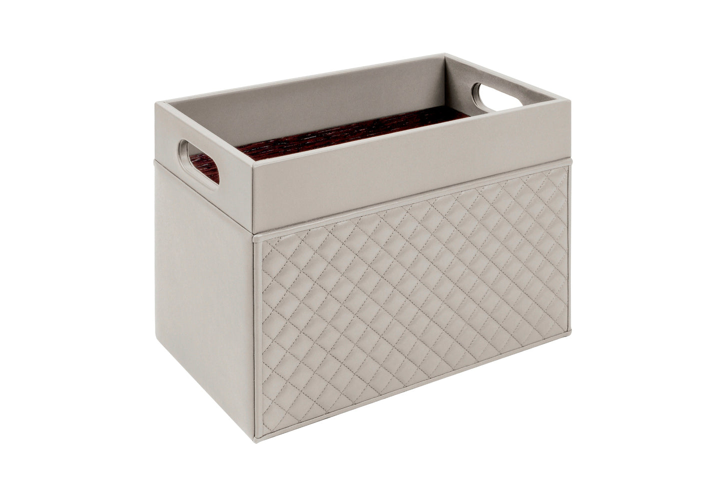 Emy Diamonds Magazine Holder by Riviere | Leather magazine holder with quilted diamonds leather on two sides and lining in varnished wood. It features a central divider. | Home Decor and Organization | 2Jour Concierge, your luxury lifestyle shop