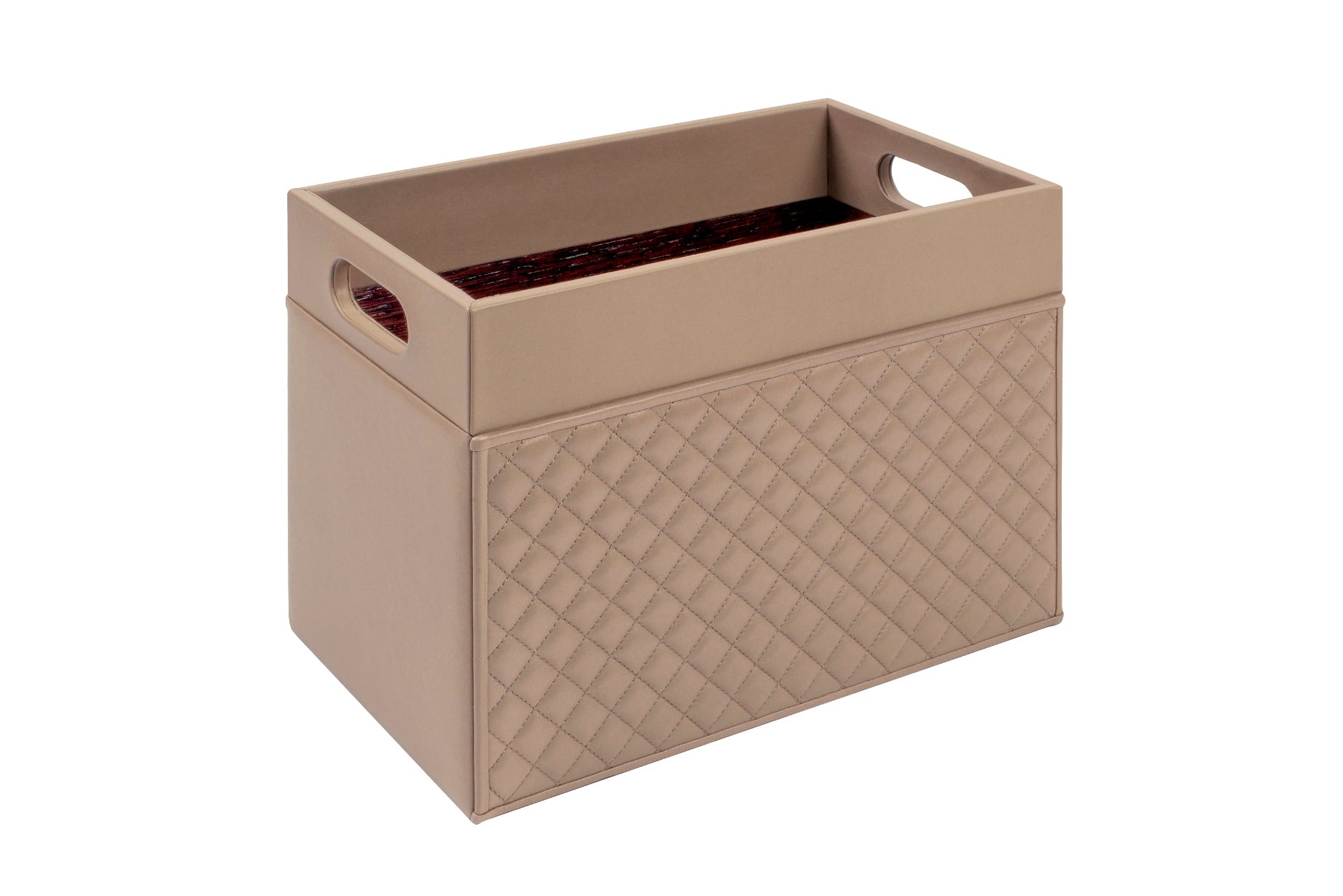 Emy Diamonds Magazine Holder by Riviere | Leather magazine holder with quilted diamonds leather on two sides and lining in varnished wood. It features a central divider. | Home Decor and Organization | 2Jour Concierge, your luxury lifestyle shop