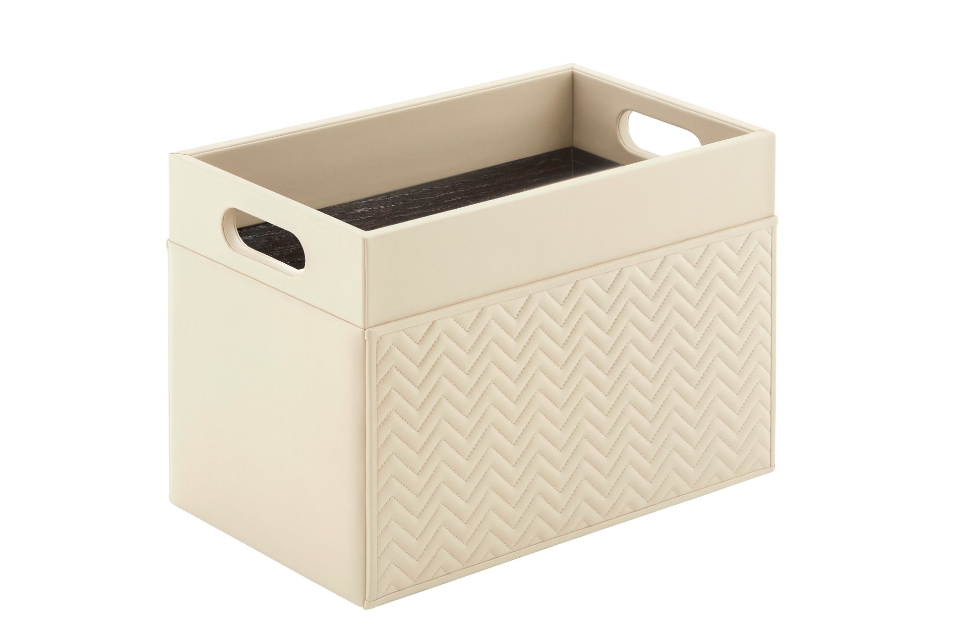 Emy Herringbone Magazine Holder by Riviere | Leather magazine holder with quilted herringbone leather on two sides and lining in varnished wood. It features a central divider. | Home Decor and Organization | 2Jour Concierge, your luxury lifestyle shop