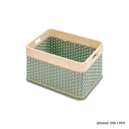 Pigment France | Orsay Leather & Rattan Storage Basket: Leather and rattan alternating graphic weave — mini, small, large | Storage | 2Jour Concierge, your luxury lifestyle shop | luxury storage basket, Pigment France Orsay, leather rattan basket, French artisan basket, designer storage