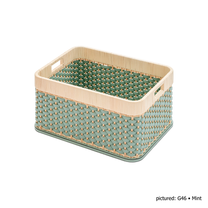 Pigment France | Orsay Leather & Rattan Storage Basket: Leather and rattan alternating graphic weave — mini, small, large | Storage | 2Jour Concierge, your luxury lifestyle shop | luxury storage basket, Pigment France Orsay, leather rattan basket, French artisan basket, designer storage