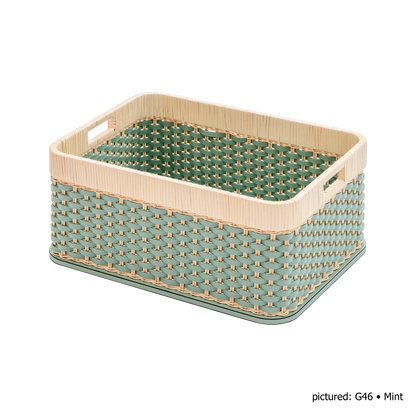 Pigment France | Orsay Leather & Rattan Storage Basket: Leather and rattan alternating graphic weave — mini, small, large | Storage | 2Jour Concierge, your luxury lifestyle shop | luxury storage basket, Pigment France Orsay, leather rattan basket, French artisan basket, designer storage
