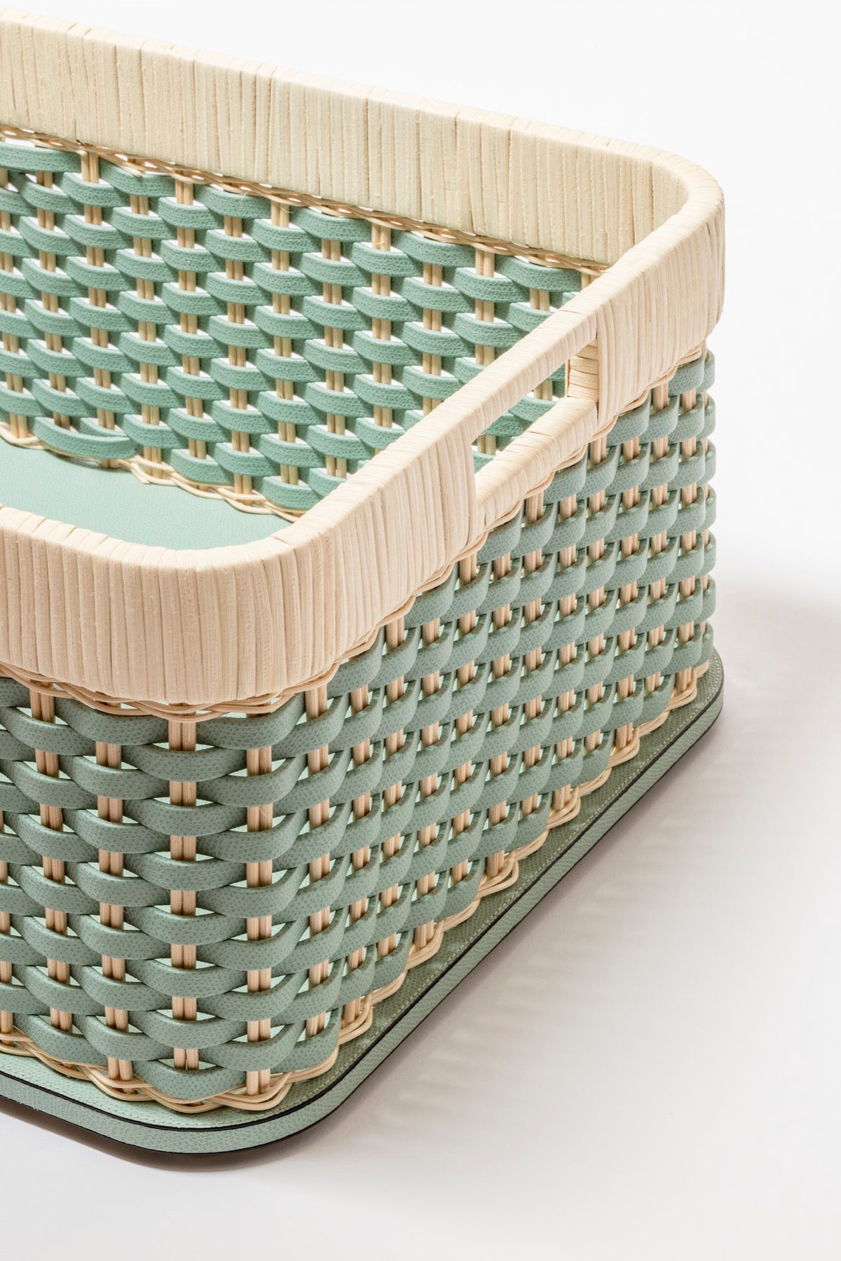 Pigment France | Orsay Leather & Rattan Storage Basket: Leather and rattan alternating graphic weave — mini, small, large | Storage | 2Jour Concierge, your luxury lifestyle shop | luxury storage basket, Pigment France Orsay, leather rattan basket, French artisan basket, designer storage